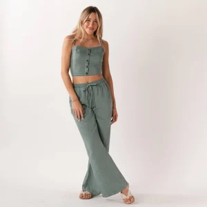 Sage Wide Leg Cotton Drawstring Pants With Pockets
